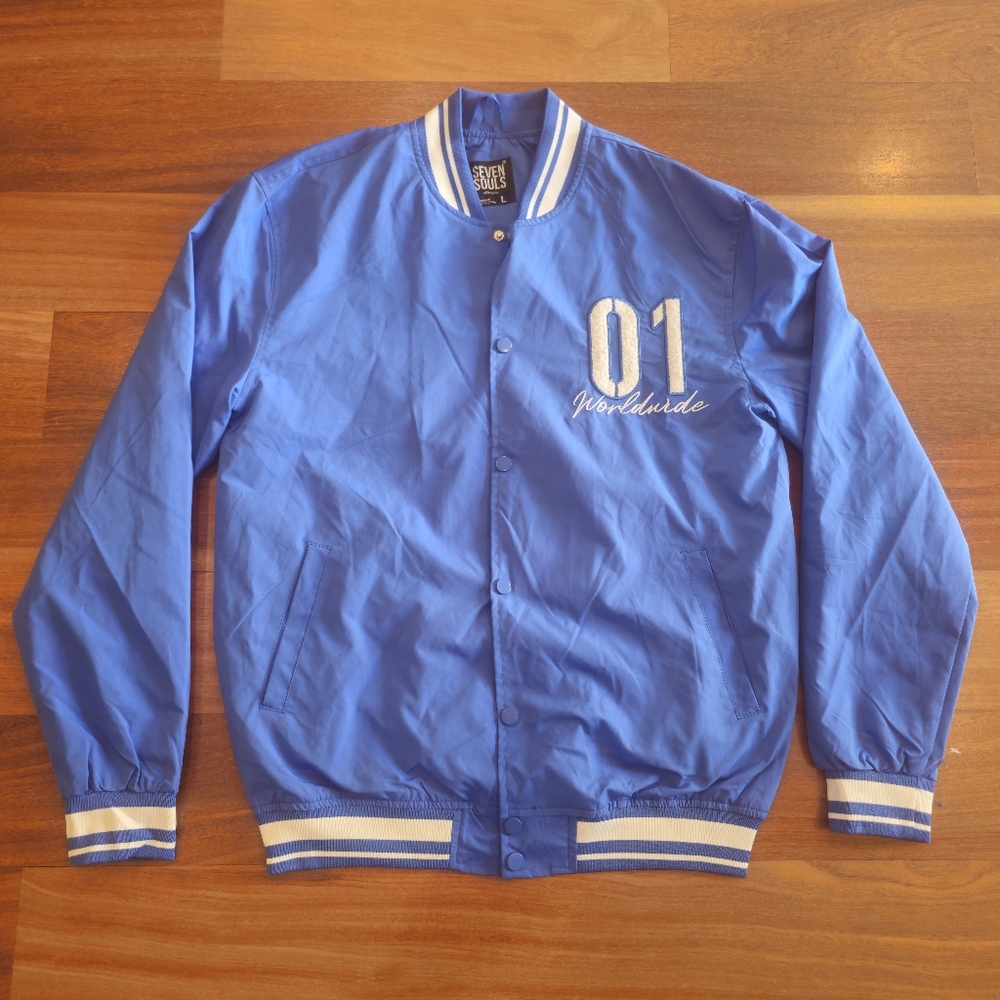 Seven Souls New York 01 Worldwide Varsity Bomber Jacket Y2K Blue Size Large
